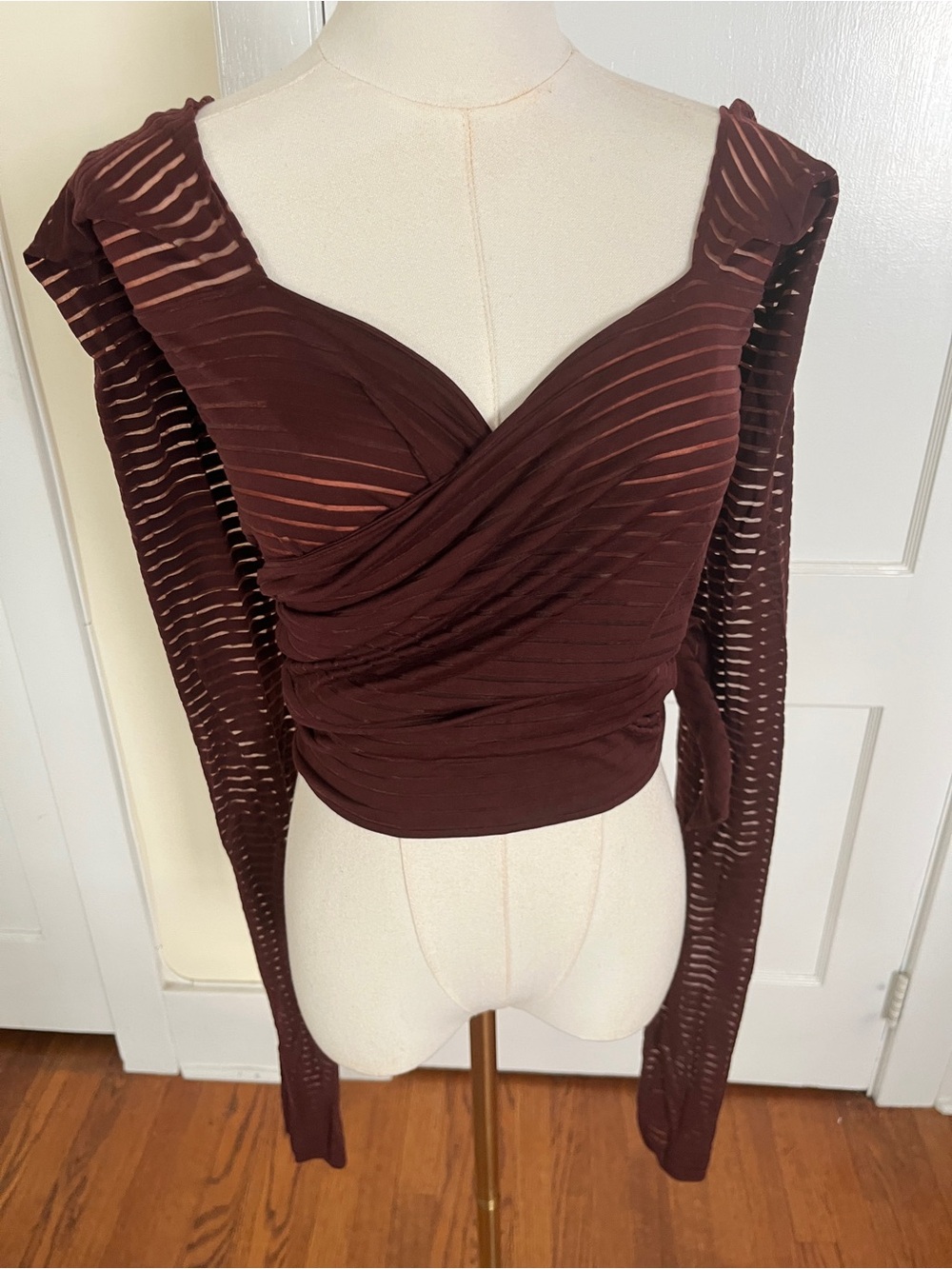 The Art of the Wrap | Romeo Gigli Burgundy Sheer Stripe Top, Size 44